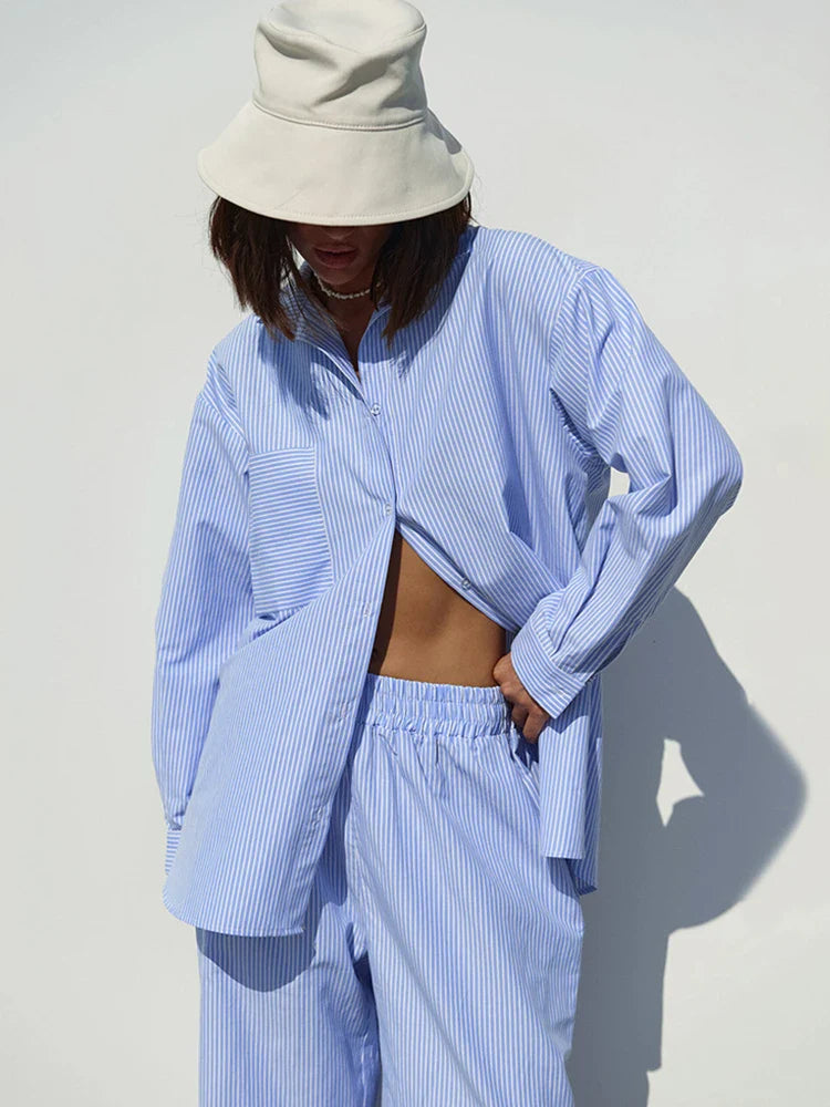 maoxiangshop  -  Women Autumn Winter Striped Pant Set Blue Long Sleeve Outfits Office igh Waist 2 Two Piece Matching Set Women