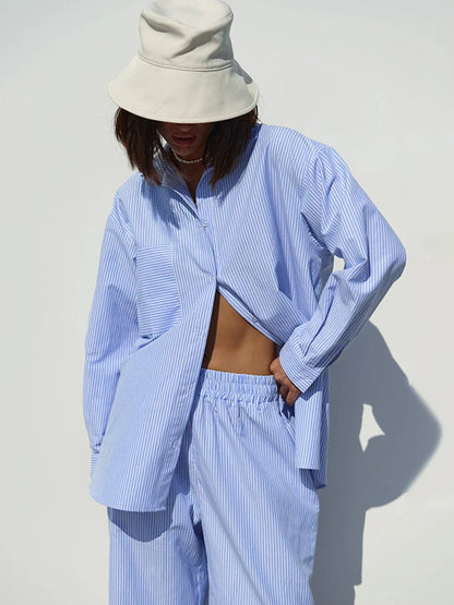 maoxiangshop  -  Women Autumn Winter Striped Pant Set Blue Long Sleeve Outfits Office igh Waist 2 Two Piece Matching Set Women
