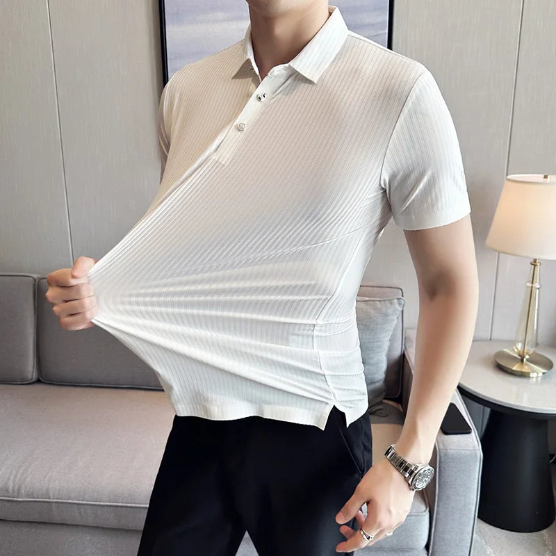 maoxiangshop Mens Short Sleeve POLO Shirt Summer Thin New High Elasticity Solid Color Casual Slim Fit Formal Dress Shirt Men Clothing