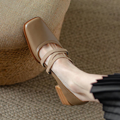 maoxiangshop -  Spring/Autumn Fashion Women Shoes SquareToe Chunky Heel Shoes Women Cow Leather Med Heel Women Pumps Solid Retro Mary Janes