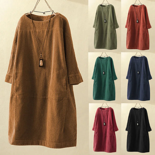 maoxiangshop Women Vintage Pockets Corduroy Solid Color Long Sleeve Loose Casual Dress vestido feminino party dresses Women's dress