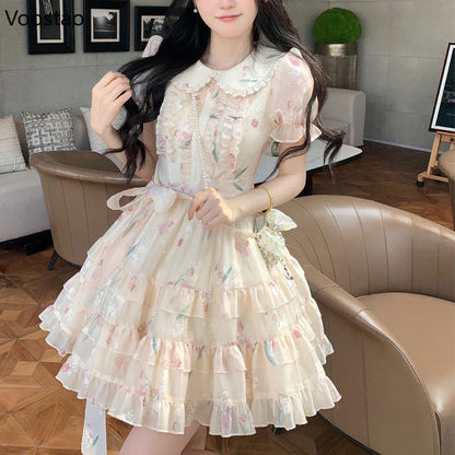 maoxiangshop Summer Sweet Lolita Style Fairy Dress Women Cute Peter Pan Collar Floral Ruffles Princess Dresses Female Chic Vacation Vestidos