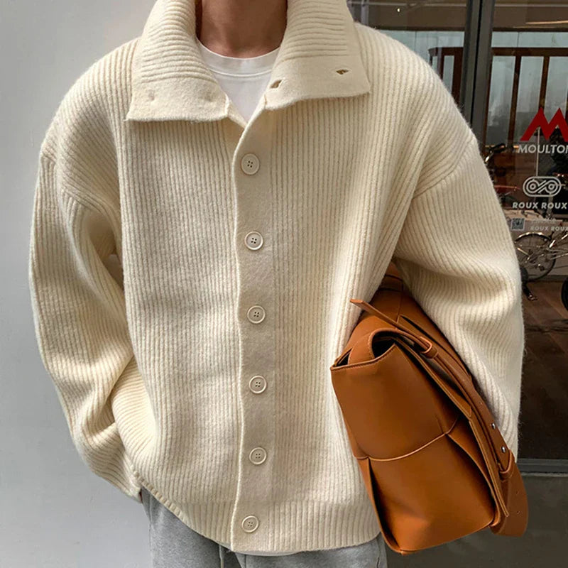 maoxiangshop Winter Clothing Men's Luxury Knitted Jacquard Turtleneck Cardigan Sweatercoat Long Sleeve Casual Buttons Solid Color Coat