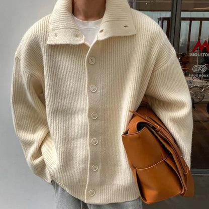 maoxiangshop Winter Clothing Men's Luxury Knitted Jacquard Turtleneck Cardigan Sweatercoat Long Sleeve Casual Buttons Solid Color Coat