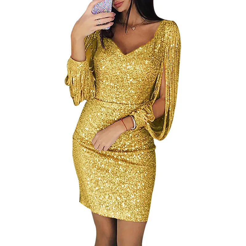 maoxiangshop Women Sequin Dress Glitter Sparkle Sexy Deep V Neck Short Dress Above Knee Length Long Tassel Sleeve