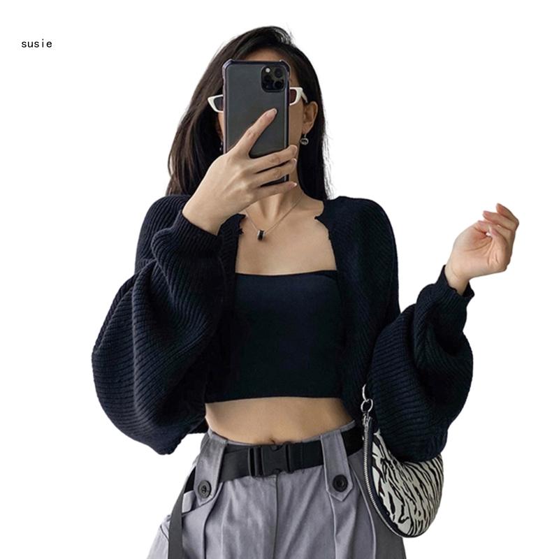 X7YA Women Long Sleeve Open Front Crop Tops Cropped Boleros Shrug Cardigan Sweater