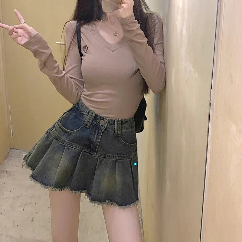 Vintage 90S Denim Mini Skirt Women Y2K 2000S Streetwear Pleated Jeans Skirts Harajuku Korean High Waist A Line Skirt New