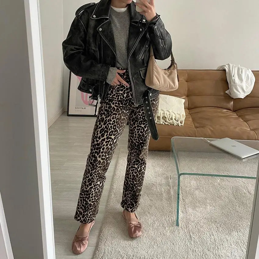 maoxiangshop  -  Leopard Printed Long Pants Women's 2024 Spring Autumn Slim Single Button Pencil Trousers Female Stylish High Waist Ladies Pants