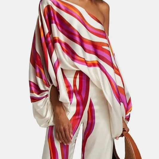 maoxiangshopCasual Satin Commuting Suit Fashion Hollow Off Shoulder Tops With Long Pants Women 2 Piece Sets Spring Loose Print Outfits
