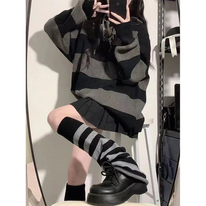 maoxiangshop Women Knitted Sweatshirt Korean Fashion Stripe Female Loose Long Sleeve Sweater Casual Streetwear Jumper Autumn New