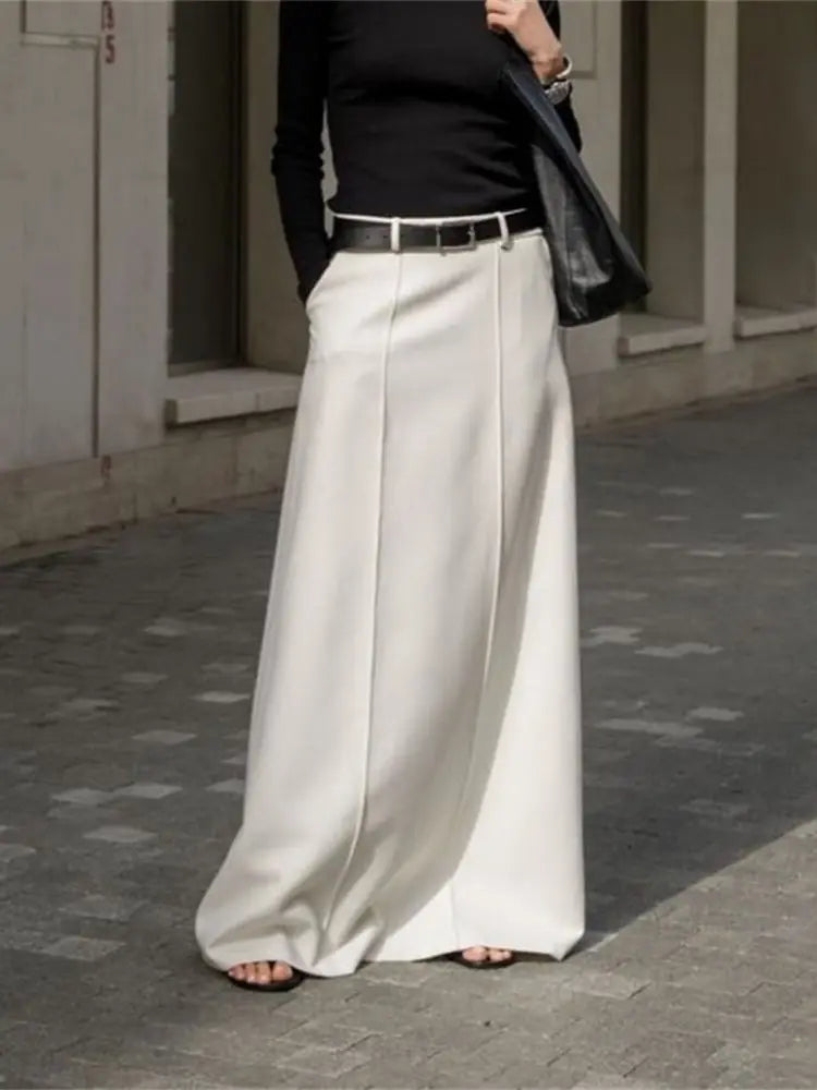 maoxiangshop -  White Long Straight Maxi Skirt for Women Summer Autumn Elegant   High Waist Office Lady Simple Skirt with Pocket Streetwear