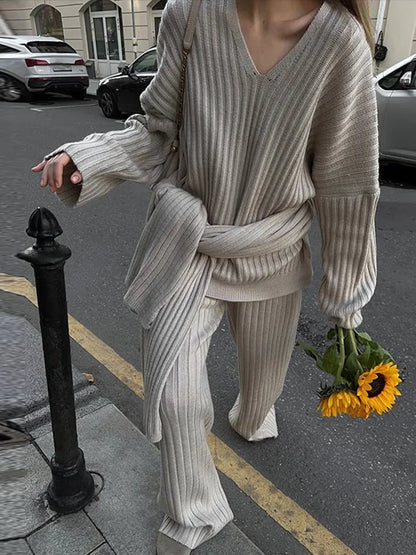 maoxiangshop  -  Knit Sweater Pants Set With Scarf Women Loose V-neck Long Sleeve Pullover Elastic Wide Leg Trouser Set 2024 Autumn Lady Outfits