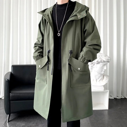 maoxiangshop Long Trench Coat Jacket Men Autumn Spring Black Hip Hop Japanese Coats Streetwear Male Hooded Army Green Casual Jackets