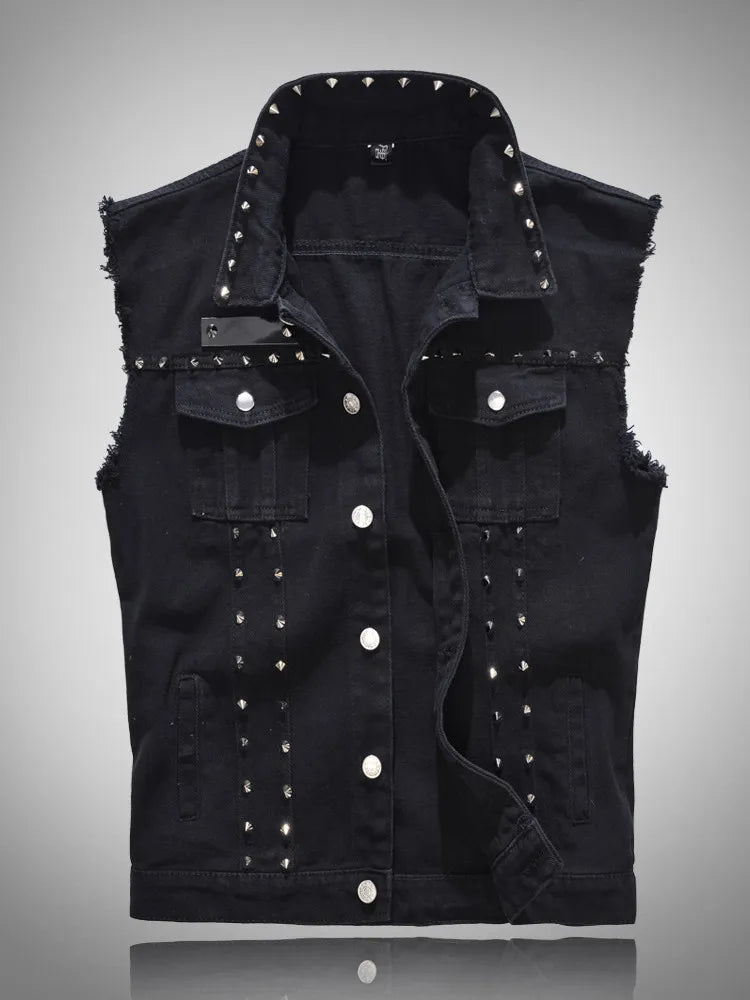 maoxiangshop Spring Fashion Men Rivet Denim Vest Punk Party Studded Slim Fit Jean Jacket Male Sleeveless Waistcoat for Men Plus Size 6XL