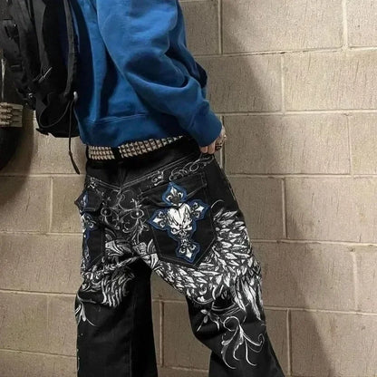 maoxiangshop  -  American Y2K geometric embroidery design high waisted jeans for women 2024 new autumn winter fashion trend aesthetic sweatpants