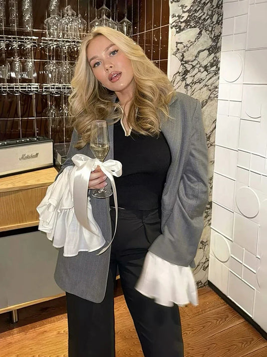 maoxiangshop  -  Fall New Striped Blazer Coat For Women With Detachable Splice Flare Long Sleeve Casual High Street Lapel Female Blazer
