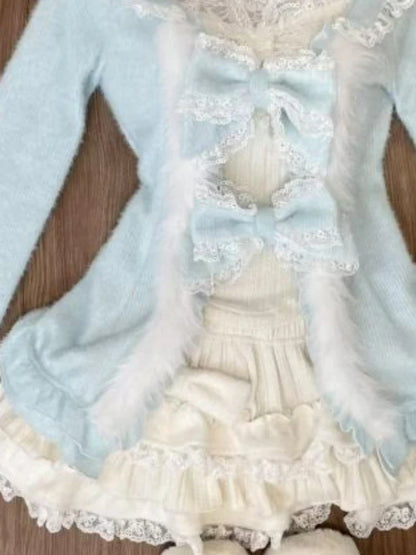 maoxiangshop  -  3 Pieces Set Women Slim Sweet Lace Patchwork Knitted Sweater + Slim Halter Grunge Vest+ Y2k Aesthetic Kawaii Cute Pleated Skirts