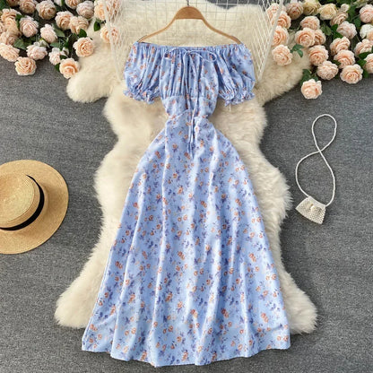 maoxiangshop Women Floral Dress Bohemian A-Line Slash Neck Short Sleeves Dress Summer Vintage Beach off Shoulder Polka Dot Sundress