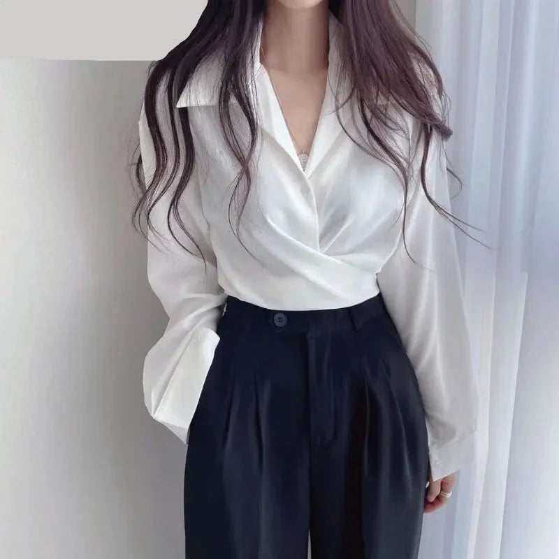 maoxiangshop White Shirts Women Spring Korean Style Temperament Pure Chic Design Tops Lace-up Lapel New Office Lady All-match Popular Daily