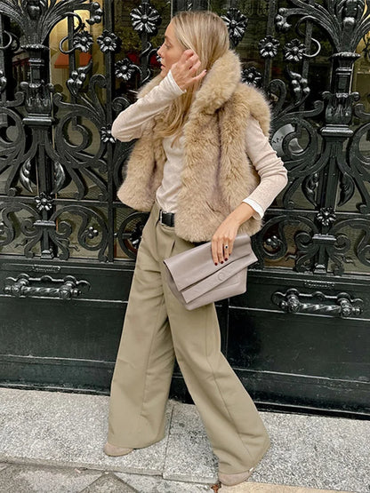 maoxiangshop  -  Elegant Faux Fur Women Vest Thicken Lapel Single Breasted Warm Lady Sleeveless Coat 2024 Fashion Autumn Winter Female Outwear