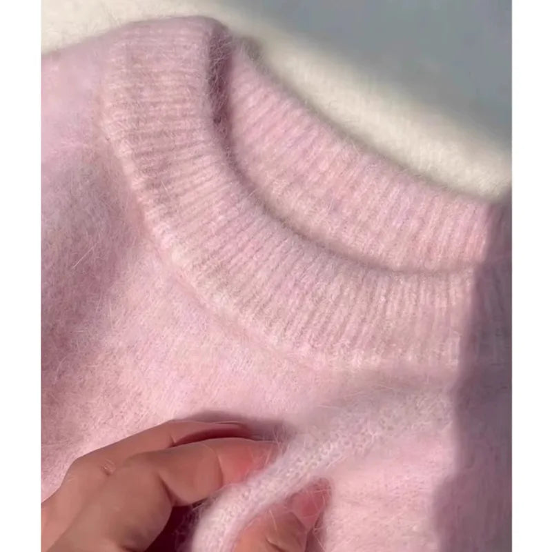 maoxiangshop  -  Pink Soft Knitted Sweater Women 2024 Autumn Winter New Loose Long Sleeved Top Solid Color Simple O Neck Pullover Coat Knitwear