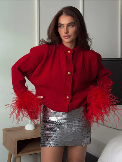 maoxiangshop  -  Women Luxury Velvet Patchwork Long Sleeve Red Sweater Elegant O Neck Single Breasted Crop Cardigan Autumn Lady Warm Knitwear