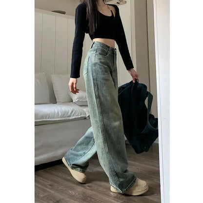 maoxiangshop4 Vintage 90S Baggy Straight Denim Trousers Female Y2K High Waist Loose Wide Leg Jeans Women Streetwear All-Match Casual Pants New
