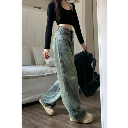 maoxiangshop1 Vintage 90S Baggy Straight Denim Trousers Female Y2K High Waist Loose Wide Leg Jeans Women Streetwear All-Match Casual Pants New