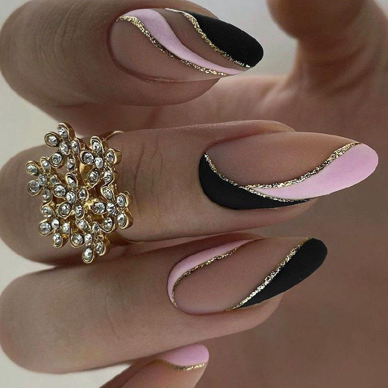 24Pcs Pink Almond False Nails Shiny Golden Ripples Stiletto Fake Nails Detachable Oval Full Cover Press on Nails Tips Manicure