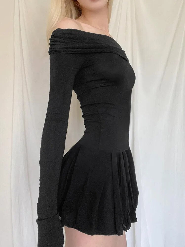 maoxiangshop Casual Pleated A-line Dress y2k Elegant Solid Black Slash Neck Long Sleeve Loose Dresses for Women Autumn All-match