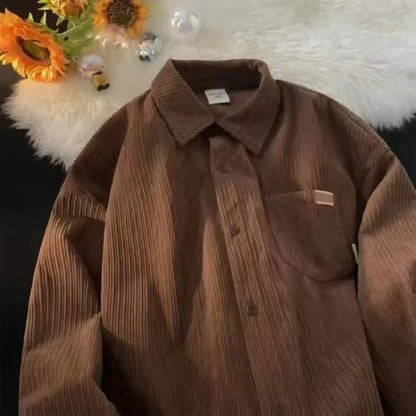maoxiangshop Korean Fashion Long Sleeve Corduroy Sweatshirts Men Clothing Retro Spring and Autumn Casual Turn Down Collar Shirts