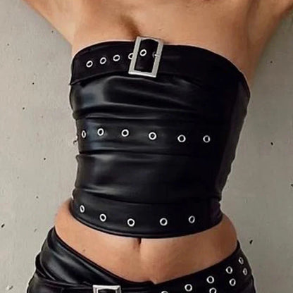 maoxiangshop  -  Gothic Chic Crop PU Camis Off Shoulder Sexy Y2K Vintage Punk Tops Aesthetic Fashion Streetwear Women Cute Tops Tank Top
