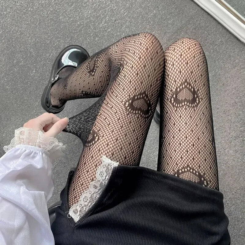 maoxiangshop Heart Flower Mesh Japanese Girl Lolita Ins Tights Stockings White Fishnet Pantyhose Female for Women Summer Legging Stocking