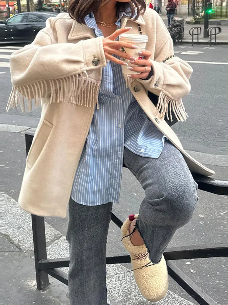 maoxiangshop -  Elegant Solid Single Breasted Tassels Coat For Woman Fashion Long Sleeve Lapel Neck Coat Lady Winter Warm Loose Street Outwear