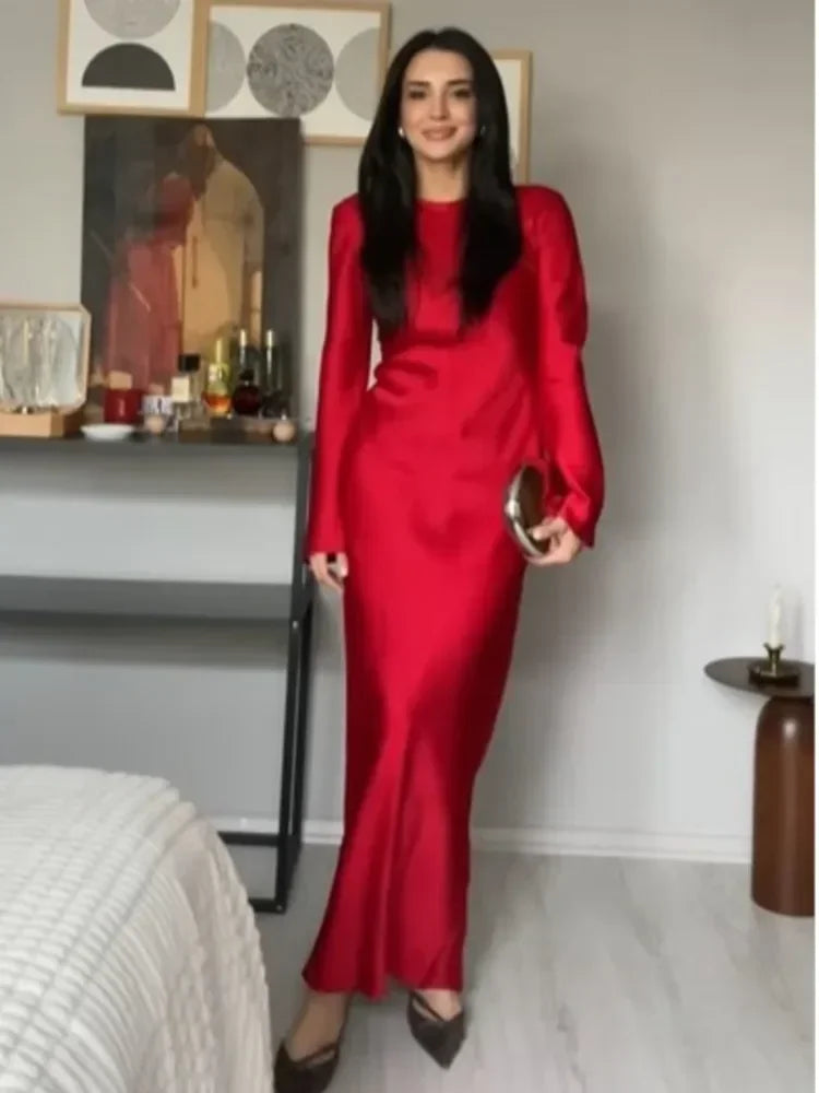 Long Maxi Evening Dress Red Satin Long Sleeve Formal Dresses Elegant Back Lace Up Party Dresses Women Clothing