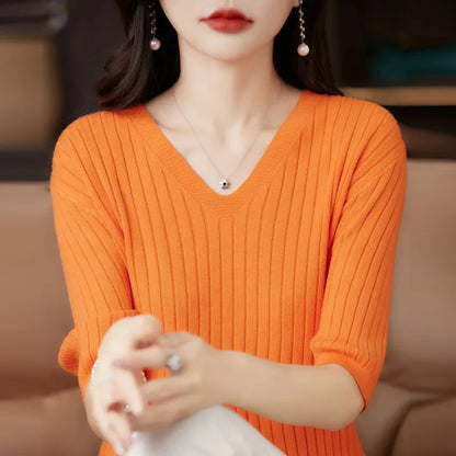 Women Sweater Short Sleeve V-neck Stripe Knitwears Slim Fit Shirt Korean Fashion Pullovers Thin Knit Tops 2023 Bottoming Shirts