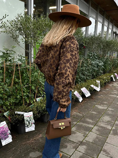 maoxiangshop -  Chic Leopard Button Short Coats For Women Elegant Long Sleeve Lapel Plush Jackets Ladies Fashion Winter High Street Outerwear