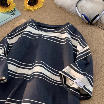 maoxiangshop M-3XL Vintage T-shirts Men Striped Y2k Tops Baggy Round Neck Korean Fashion Couple Clothes Teens Chic Handsome Camisetas Summer