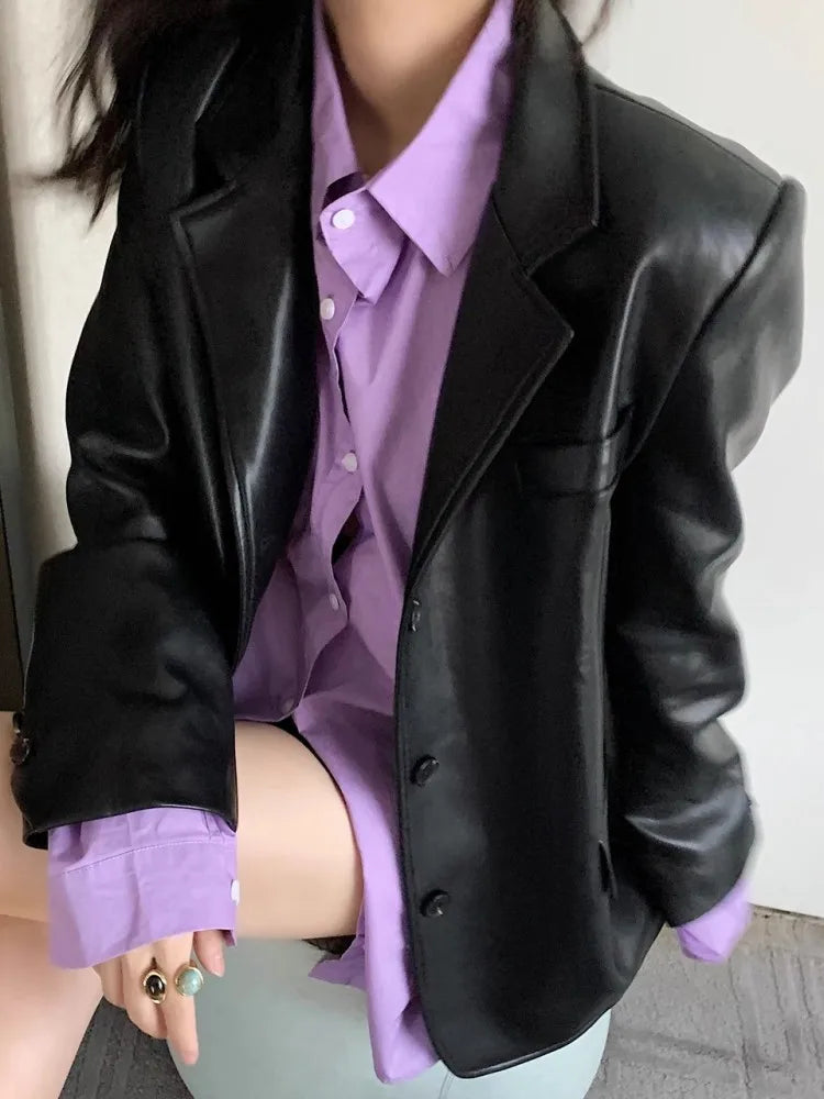 maoxiangshop  -  Fashionable Casual Suit Jacket For Women'S Autumn And Winter New Style Retro Hong Kong Style Loose Motorcycle Jacket