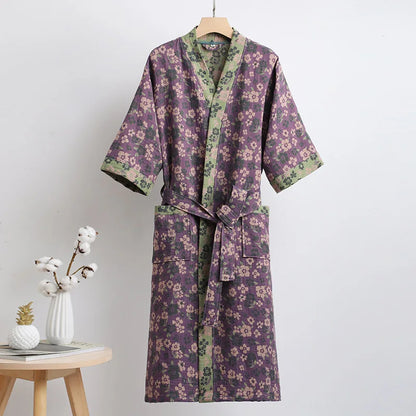 Couple's Dressing Gowns Vintage Print Loungewear Double Layer of Cotton Bathrobes Women's Pajamas Absorb Water and Dry Quickly