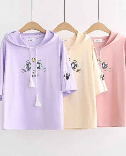 maoxiangshop Purple Cartoon Embroidery Kawaii Hoodies Cotton Hooded Sweatshirt Women Summer Sweet Style Korean Female Short Sleeve Tops