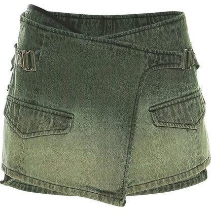maoxiangshop  -  Y2k Punk Mini Skirts Women Green Vintage Denim Low Waist Hotsweet Streetwear Chic Safari Style Irregular Harajuku Gothic Summer