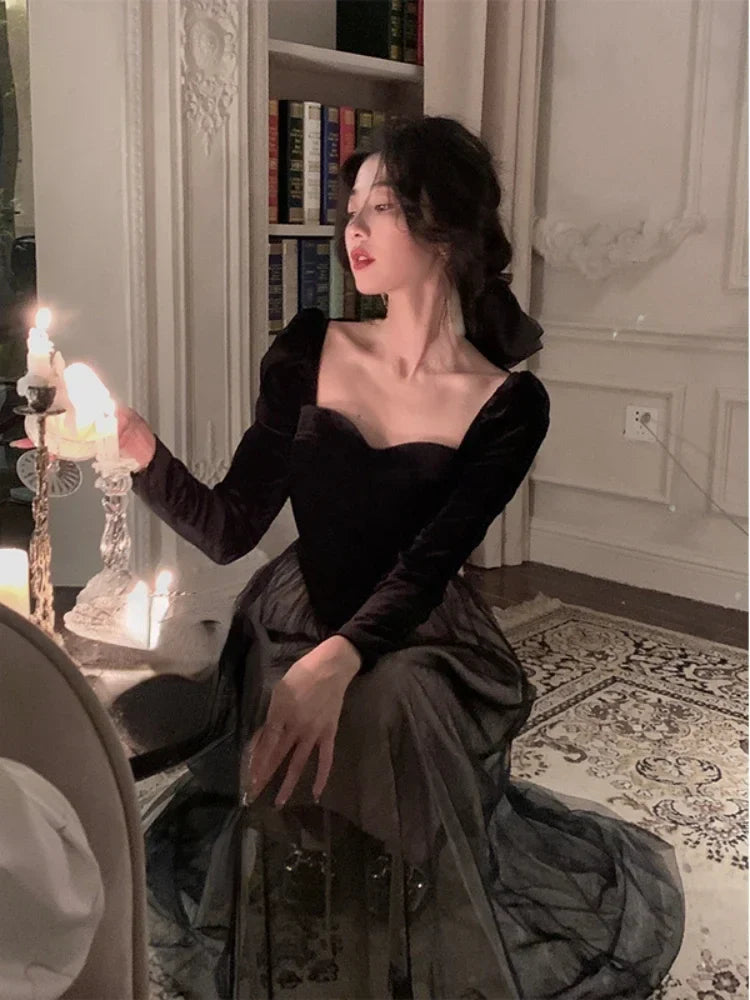 Autumn Elegant Velvet Long Sleeve Midi Dress Woman Slim Vintage Evening Party Dress Female Casual Korean Fashion Dress Chic