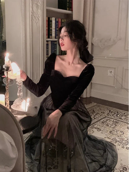 Autumn Elegant Velvet Long Sleeve Midi Dress Woman Slim Vintage Evening Party Dress Female Casual Korean Fashion Dress Chic