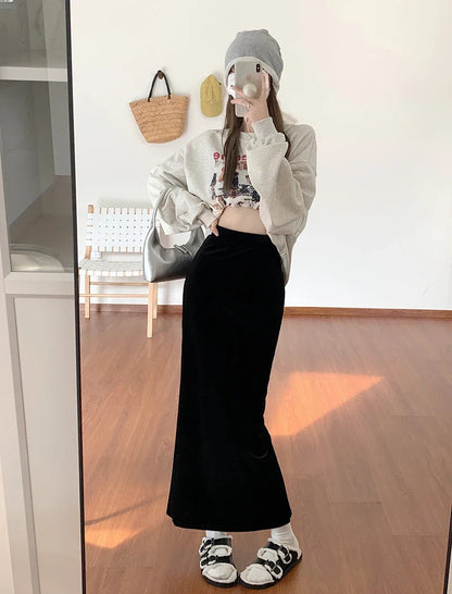 maoxiangshop Fish Tail Velvet Skirt Women Mermaid Trumpet Long Skirts Ankle Length Empire High Waist Skinny Bodycon Skirt Female
