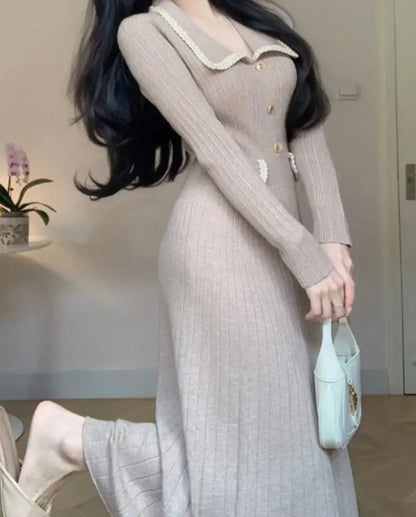 Autumn Winter Long Sleeve Knitting Midi Dress Women Fashion Turn Down Collar Button Sweater Clothes Female Soft Ribbed Jumper