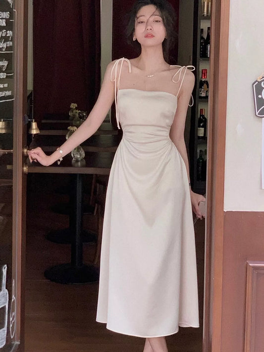 Summer Women Spaghetti Strap Elegant Midi Satin Dresses Wedding Evening Birthday Holiday Backless Prom Clothes New