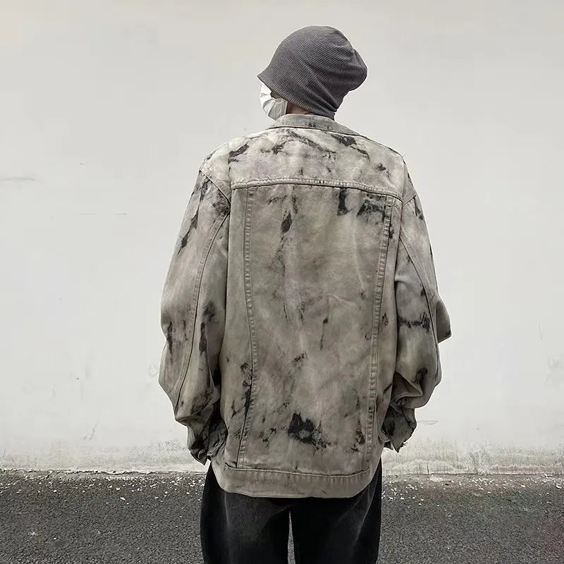 maoxiangshop Men Gray Tie-dye Denim Jackets Coats Loose Vintage Jeans Jackets New Autumn Hip Hop Denim Coats Outwear Casual Jeans Coats