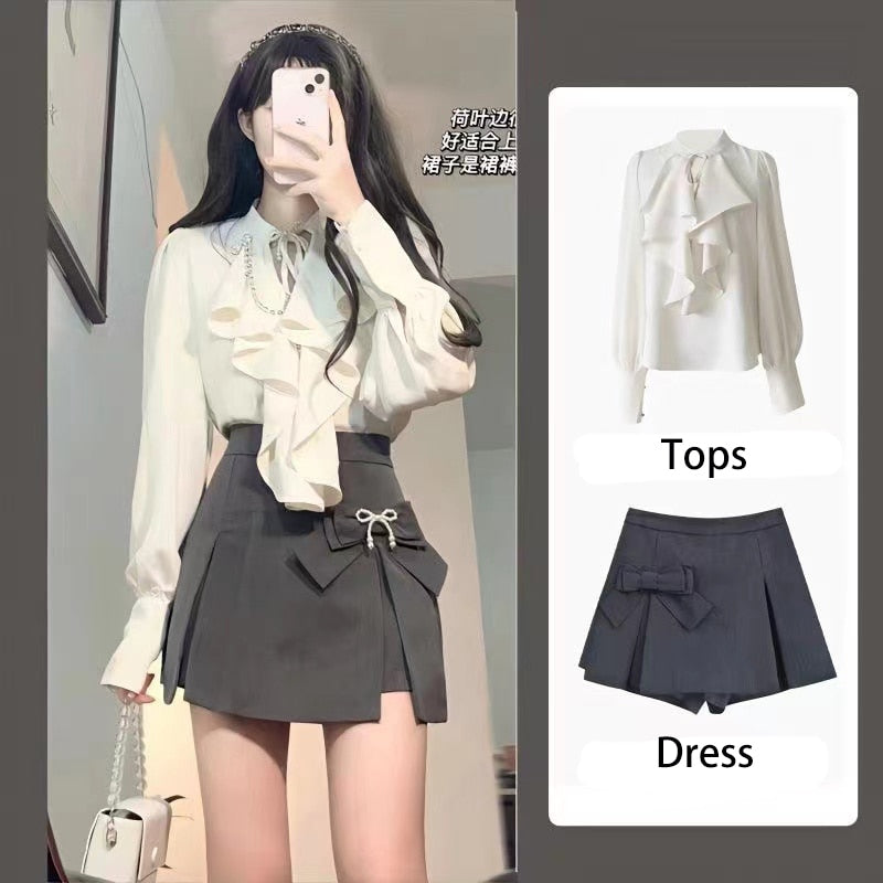 Dress+Top Set Summer Autumn Basic Shirts Blouses Women Fashion Long Sleeve Elegant Office Lady Work Solid White 2 Piece Outfits