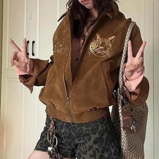maoxiangshop  -  cute winter outfits Cat Embroidery Brown Heavy Embossed Suede 2024 Jacket Women Autumn Winter Vintage Long Sleeve Leather Coat Fashion Eco Top